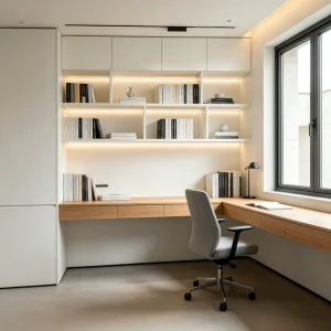 Elegant Modern Minimalist Wood White Space-Saving Recessed Floating Desk Built-in Home Office Living Room Bookshelf Cabinet