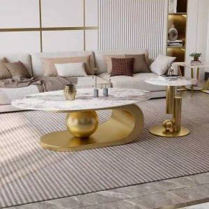 Elegant Oval Shaped Coffee Table in White High Gloss Finish with Black Steel Frame Legs for Modern Living Room Decor