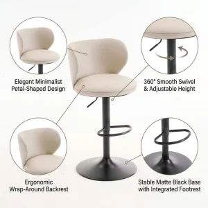 Elegant Petal Shaped Leather Bar Chair Metal Base Ergonomic Wrap Around Swivel Counter Stool for Boutique Cafe Kitchen Island