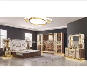 Elegant Royal Luxurious Super King Size 8 Doors Wardrobe LED Lighted Mirrored Headboard Bedroom Furniture Set