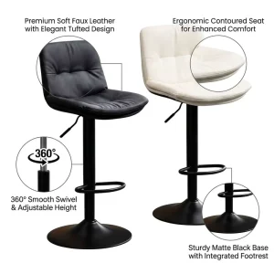 Elegant Tufted Soft Leather Bar Chair with Sturdy Matte Black Metal Base Ergonomic Contoured Swivel Counter Stool for Bar