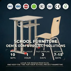 Elite Industry Provider Plywood Wood Grain Champagne Metal Frame Bookshelf Ergonomic ISO CE School Table and Seat Suite