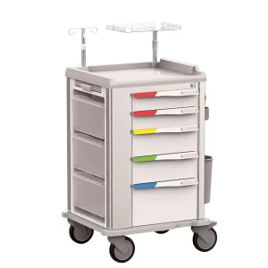 Emergency Trolley 5 Drawers Central Lock IV Pole CPR Board ABS Worktop Aluminum Frame Anti Collision Base 150kg Load Hospital