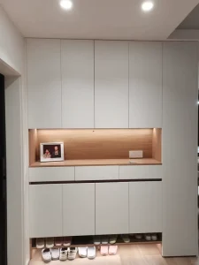 Entryway Shoe Cabinet with LED Open Shelves and Drawers White Oak Custom OEM Factory Direct