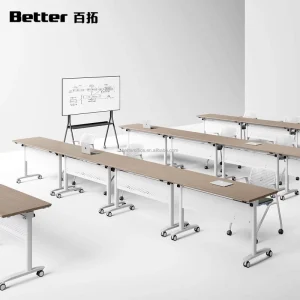 Ergonomic Adjustable Height Electric Conference Table Foldable Desk Bookshelf Durable Wood Construction Modern Design