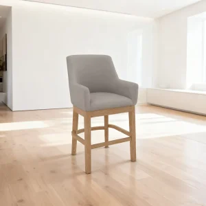 Ergonomic Beige Fabric Bar Stool With Armrest Solid Oak Legs Footrest Durable Padded Seat Back Perfect for American Home