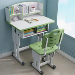 Ergonomic Children Height Adjustable Desk and Chair Set with Bookshelf Home Furniture Wood Kids Study Table for Child