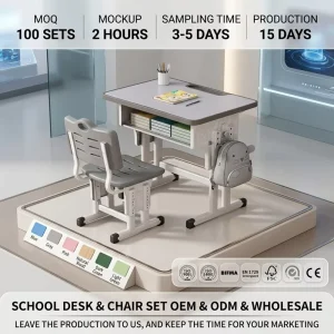 Ergonomic Height Adjustable School Desk and Chair Set Modern MDF Student Study Table with Drawers for Classroom and Home