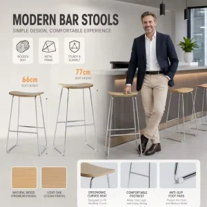 Ergonomic High Bar Stool Solid Wood Seat Electroplated Steel Frame Backless Counter Stool Multi Sizes for Office Cafe