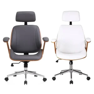 Ergonomic PU Leather Office Chair Swivel Boss Chair with Walnut Bent Plywood for Executive Office