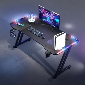 Ergonomic RGB LED Gaming Desk Cup Holder Sturdy Z Shaped Frame Metal Computer Table Carbon Fiber Desktop Modern Study