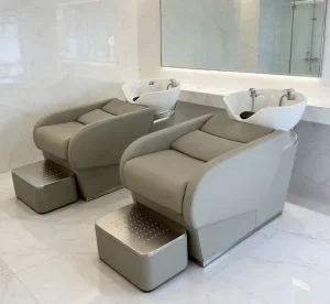 Ergonomic Salon Shampoo Station with PU Leather Hair Wash Chair Ceramic Bowl Factory for Dining Use