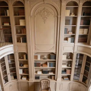 European Carved Solid Wood Full-Wall Curved Bookshelf Open Storage Cabinet for Home Study Arc Design Background Cabinet