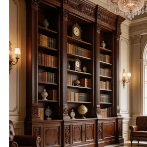 European Classical Dark Walnut Floor to Ceiling Bookcase Solid Wood Carved Open Full wall Book Cabinet Library Storage Cabinet