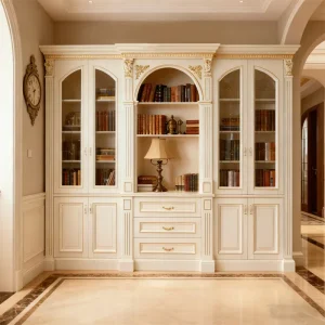 European Glass Carved Wood Bookcase Cabinet Door Solid Wood Okoume Body Plywood Painted Bookshelf Shelves Bookcase Office Room
