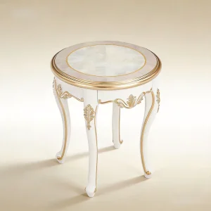 European Gold Trim Carved Wood Frame Living Room Side Table End Stand Round White Painting Classic Corner Table