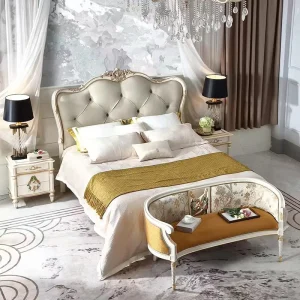 European Solid Wood Headboard Bed Hotel Guest Room Furniture Suite for Bedroom Apartment or Villa Use