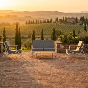 European Style Aluminum Outdoor Sofa Set Modern Garden Patio Furniture with Real Teak Wood & Waterproof Grey Cushions