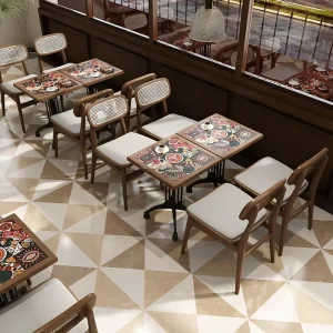 European Style Bistro Dining Set Decorative Mosaic Tabletop Stable Metal Base Rattan Back Chair for Restaurant Catering Business