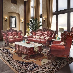 European Style Hotel Villa Genuine Leather Sofa Set Combination Luxury Retro American Carved Royal Sponge Filled