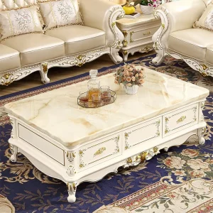 European Style Marble Coffee Table TV Cabinet Set for Living Room Solid Wood Modern Minimalist Furniture No Assembly Required