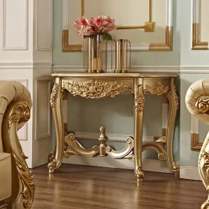 European Style Neo classical Champagne Gold Pine Wood Movable Console Table for Hotel Entrance and Corridor Decoration