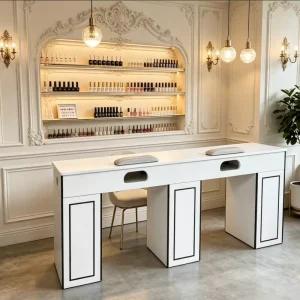 European Style White Stone Table Top Nail Manicure Table Two Person Seat