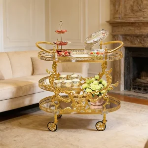 European Vintage Copper Dining Cart Luxury Hotel Bar Kitchen Serving Trolley With Wheels Custom Carved Design