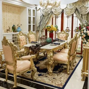 European-style Movable Dining Table Set Natural Marble Home Furniture for Restaurant Consisting One Table Six Chairs