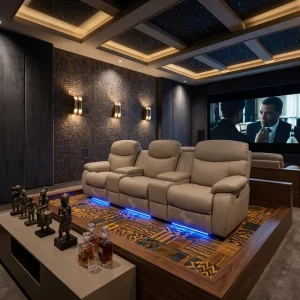 Evergeo 1+2+3 Home Theater Recliner Sofa with Led and Console Is Suitable for Villa Hotel Living Room Furniture