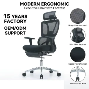 Executive Ergonomic Office Chair with Footrest High Back Mesh Manager Chair PP+Fiber Frame Shiny Electroplated Base