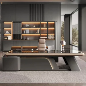 Executive Office Desk Set with Chair Modern Black & Gold L Shaped