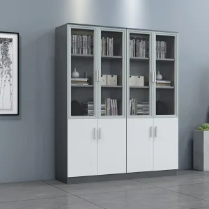 Executive Wooden Filing Cabinet with Transparent Glass Door Lock Modern Design Floor Standing Office Storage