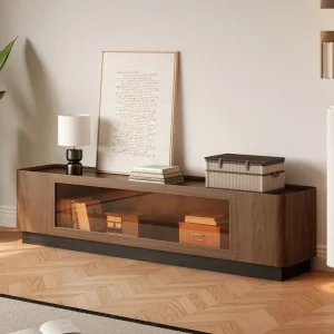 Export Quality Sturdy Construction Engineered Wood Walnut Veneer Glass Door Modern Living Room TV Stand with Storage and LED
