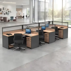 F Shaped 3 Person Office Workstation Desk with Glass Divider Screen Three Seater Staff Computer Table with Storage Cabinet