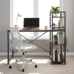FG 2133 Foldable Metal Computer Desk with Wood Surface Bookshelf Space Saving Multi Functional Home Office Writing Desk