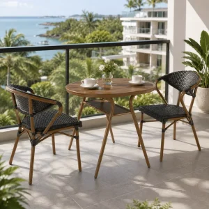 FLD1023 Commercial Outdoor Balcony Bistro Set Oval HPL Table PE Rattan Chairs for Hotel Resort Restaurant Patio