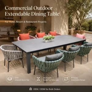 FLD1127 160 220cm Extendable Outdoor Dining Table Rotating Side Leaf 6mm Sintered Stone for Hotel Restaurant Projects