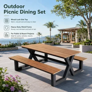FLD1140 Contract Grade Waterproof Outdoor Picnic Dining Set with Aluminum Frame and Plastic Wood Bench for Hotels