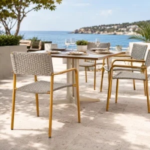 FLD2014 Contract Grade Wood Grain Aluminum Woven Outdoor Dining Chair Patio Garden Chair for Hotel Resort Restaurant