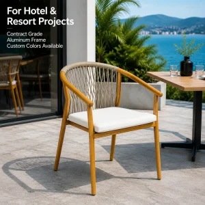 FLD2018 OEM ODM Wood Grain Aluminum Rope Outdoor Dining Chair Patio Garden Chair for Hotel Resort Restaurant Cafe