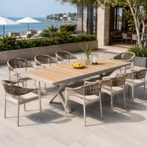FLD2026 Commercial 180cm Extendable Outdoor Dining Table Aluminum Cross Leg PS Wood Top Patio Table for Hotel Resort Garden