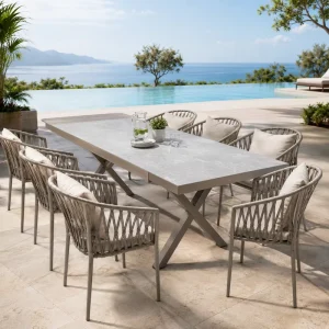 FLD2032 Contract Grade 160 180cm Sintered Stone Extendable Outdoor Dining Table Aluminum Cross Leg for Hotel Resort Patio