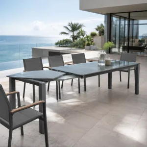 FLD2035 Modern Rotating Extendable Outdoor Dining Table Aluminum Alloy Frame Glass Top Space Saving Outdoor Furniture for