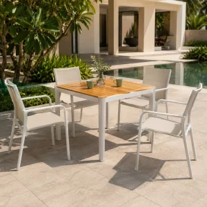 FLD2041 90cm Teak Top Outdoor Dining Table Aluminum Frame Square Patio Table for Hotel Resort Restaurant Projects