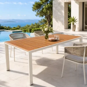 FLD2043 Aluminum Outdoor Dining Table Wood Grain Top Patio Garden Table for Hotel Resort Restaurant Projects