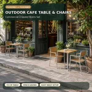 FLD2062 + FLD2089 Commercial Outdoor Cafe Table And Chairs 2 Seater Folding Bistro Set For Street Side Coffee Shop