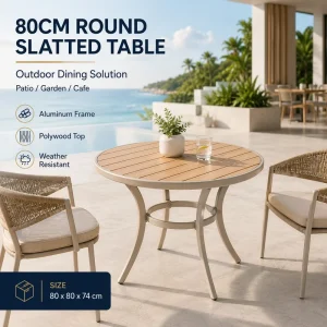 FLD2094 Contract Grade 80cm Round Outdoor Dining Table Aluminum Frame PS Wood Top for Hotel Restaurant Patio