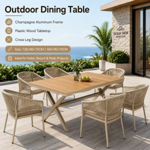 FLD2098 Contract Grade 130/150cm Aluminum Outdoor Dining Table PS Wood Top Cross Leg for Hotel Restaurant Patio