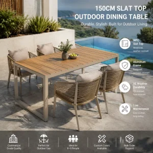 FLD2099 150cm Aluminum Outdoor Dining Table PS Wood Slat Top U Leg Patio Garden Table for Hotel Resort Restaurant